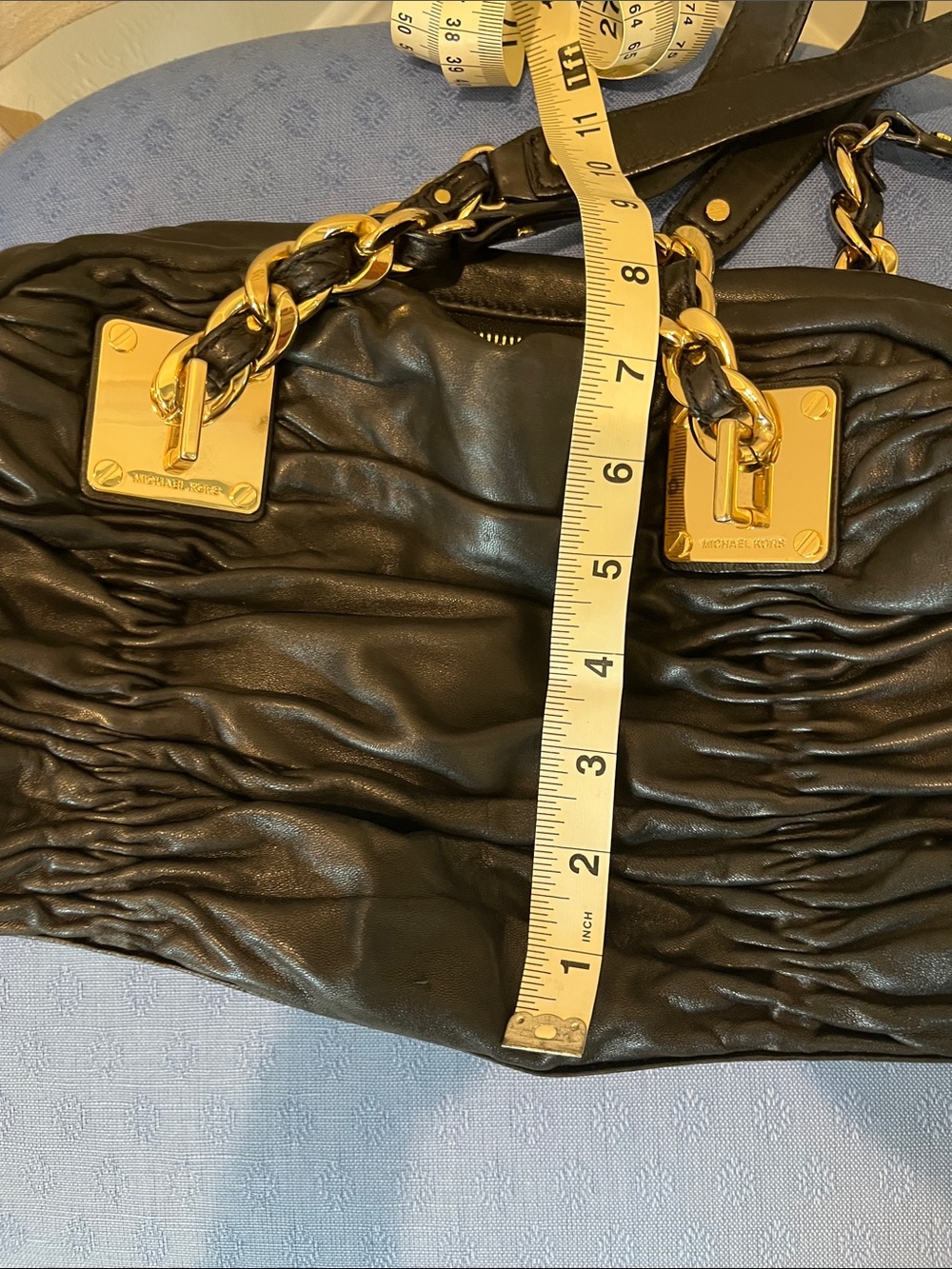 Michael Kors Black Ruched Leather Shoulder Bag with Gold Accents-Edgy Elegance - Picture 8 of 9